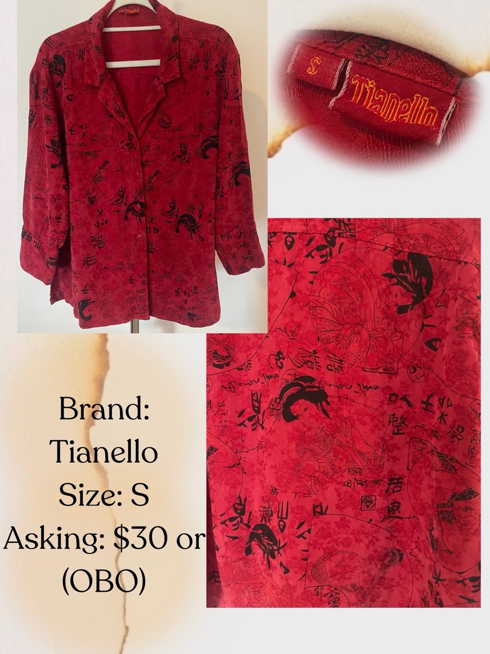 Tianello Red Shirt with Black Asian-Inspired Print
